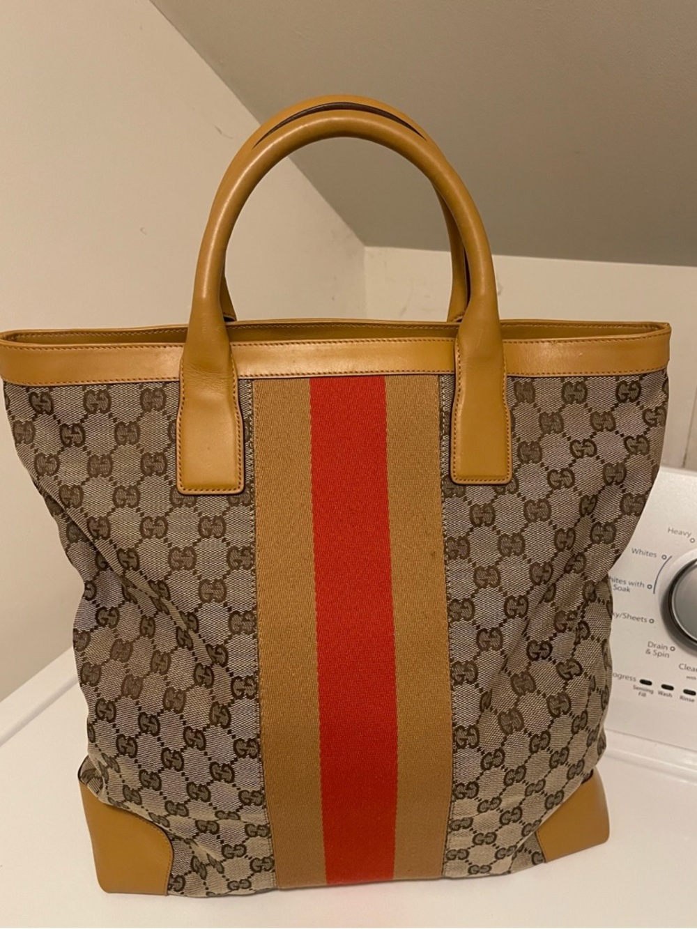 Gucci Brown GG Canvas Tote with Tan Trim and Red Center Stripe